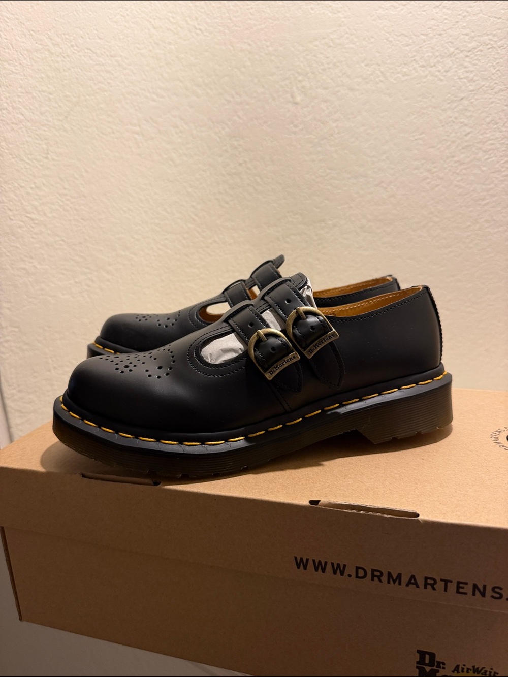 Dr. Martens Black Double-Buckle Mary Jane Shoes with Yellow Stitching - Picture 2 of 6